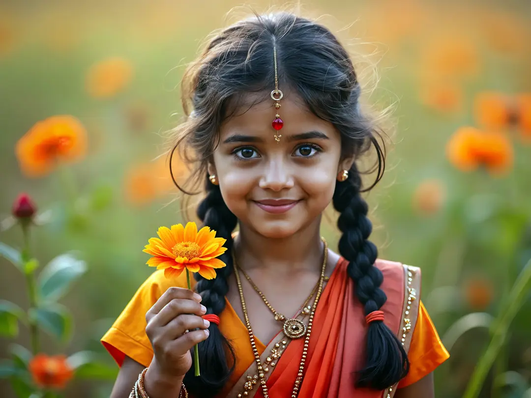 a-young-indian-girl-holding-an-orange-flower