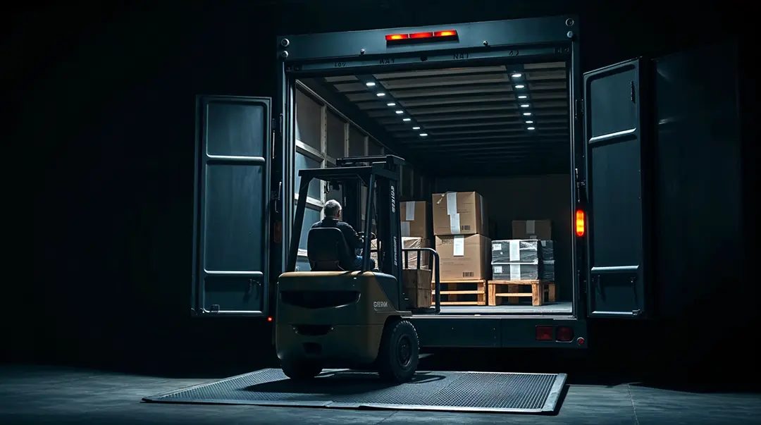 a-forklift-loading-packages-into-a-matte-black-cargo