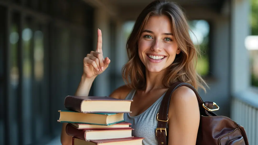 female-student-holding-books-pointing-upward