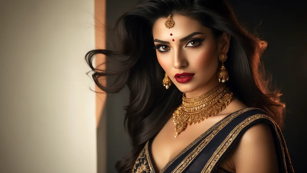 indian-woman-in-a-black-and-gold-saree
