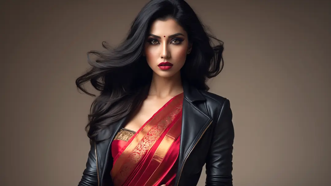 indian-woman-in-a-red-saree-and-black-leather-jacket