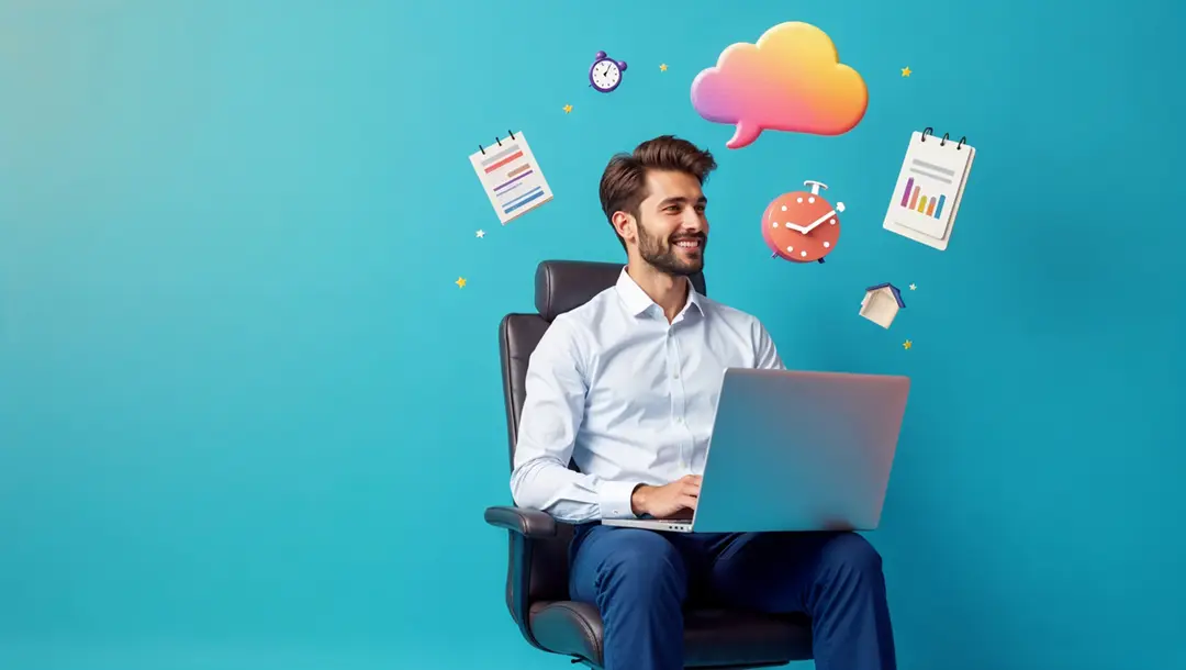 man-works-on-laptop-with-floating-icons