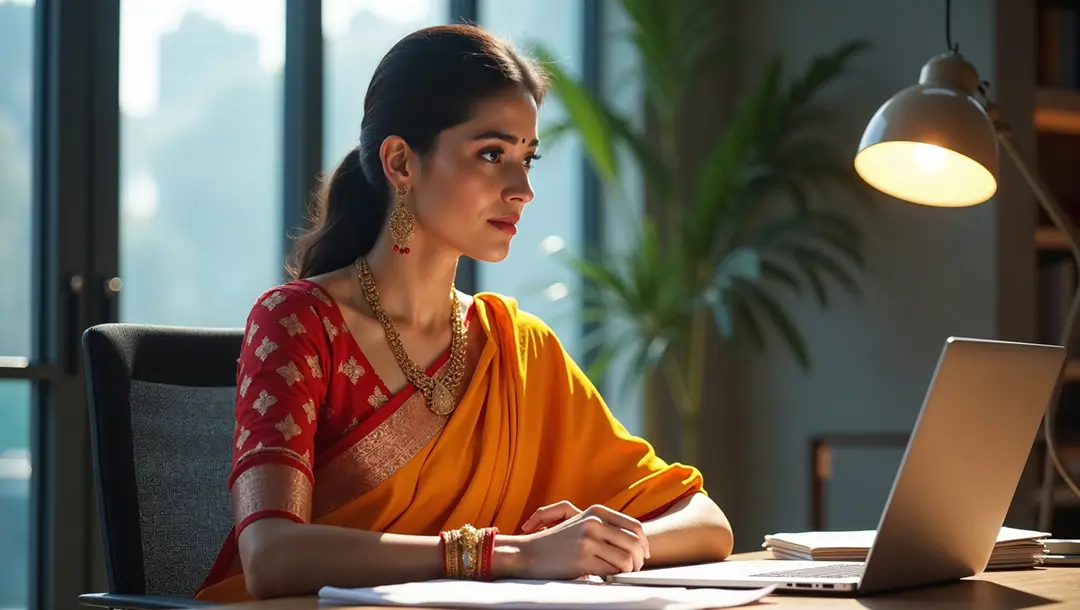 indian-woman-in-yellow-saree-working-on-laptop