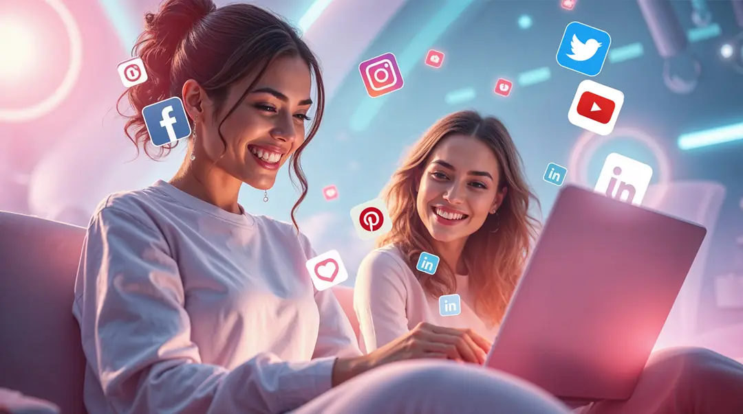 women-with-laptop-and-floating-social-icons