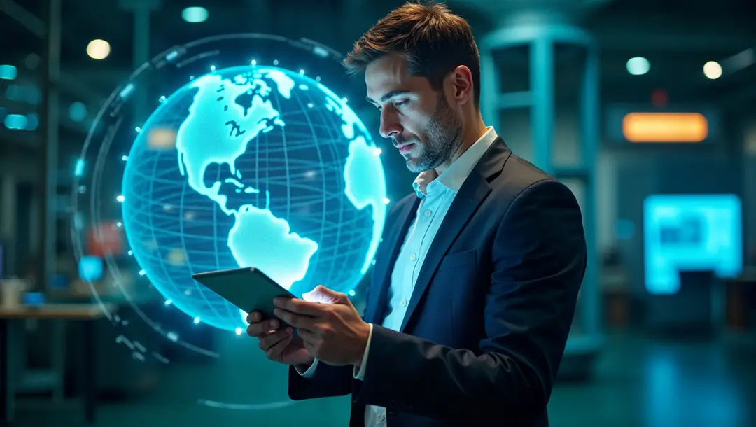businessman-using-tablet-with-glowing-holographic-globe
