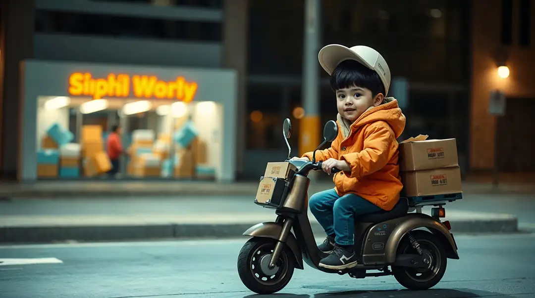 cute-little-boy-on-a-toy-delivery-scooter