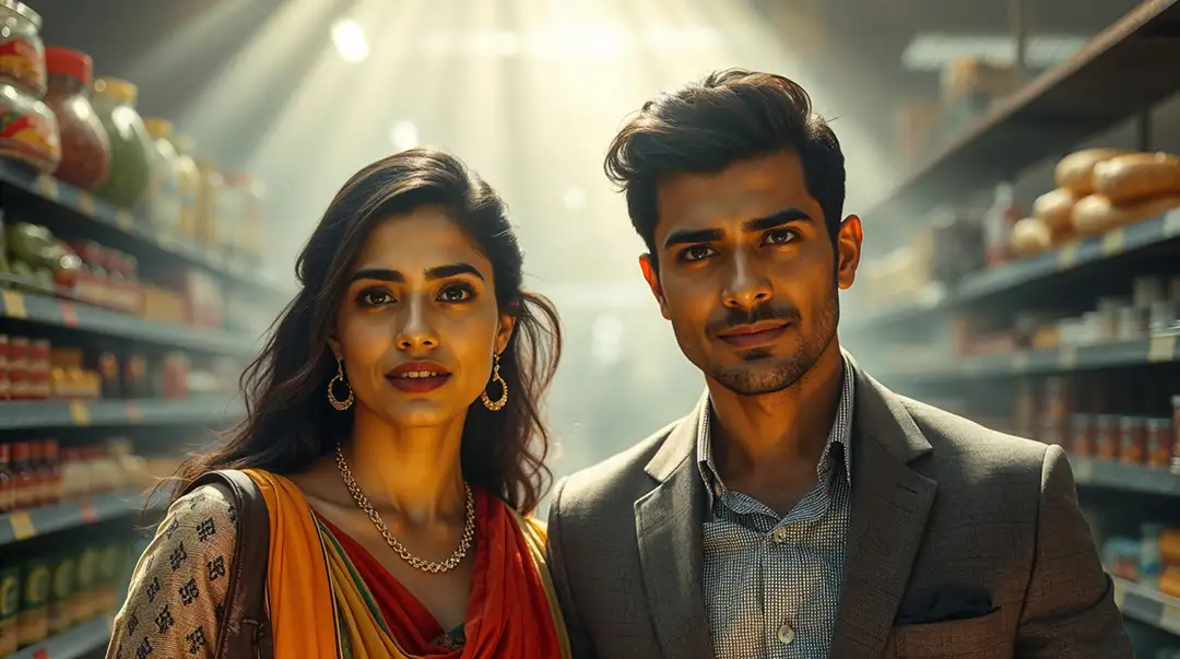 elegant-indian-couple-in-a-grocery-store