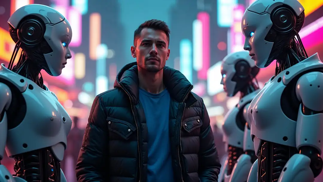 man-surrounded-by-humanoid-robots