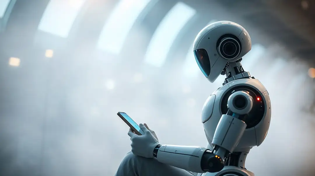 robot-using-smartphone-in-futuristic-background