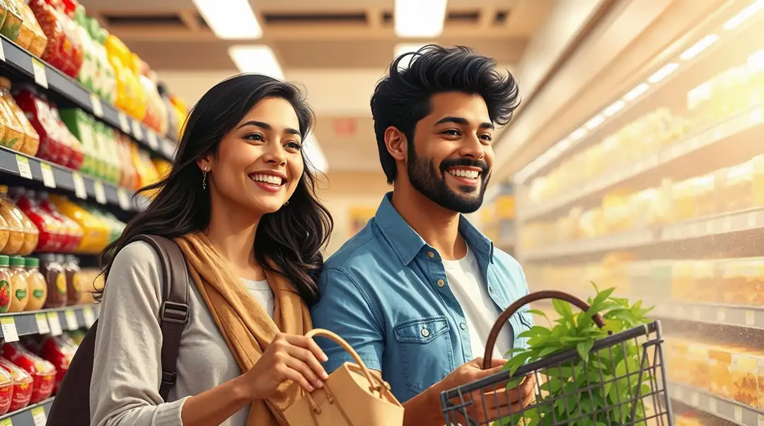 smiling-couple-shopping-in-a-grocery-store