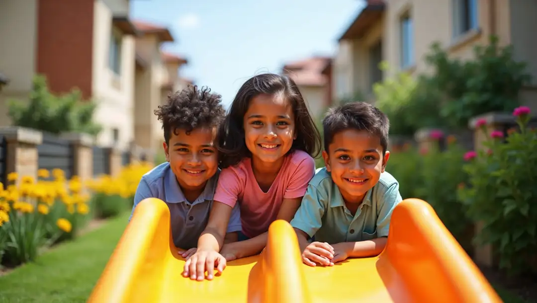 smiling-kids-on-a-yellow-slide