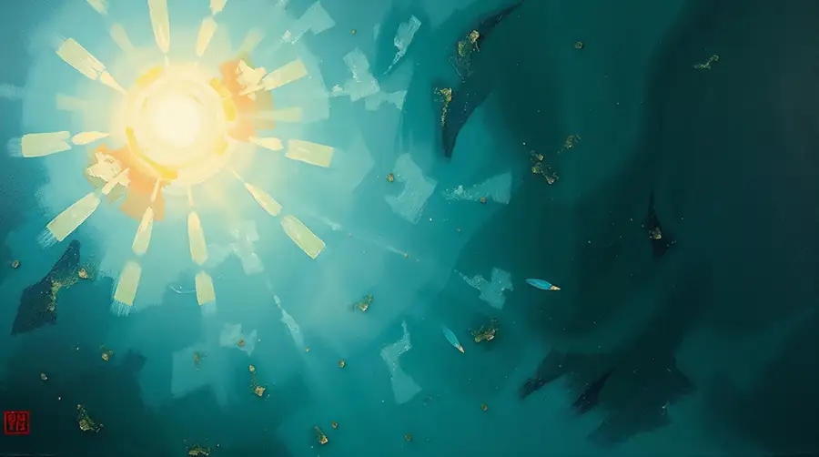 abstract-art-of-sunbeams-over-a-teal-ocean