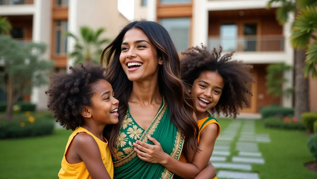 joyful-woman-in-saree-with-girls