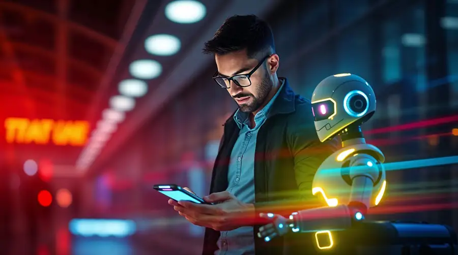 man-using-mobile-next-to-a-robot