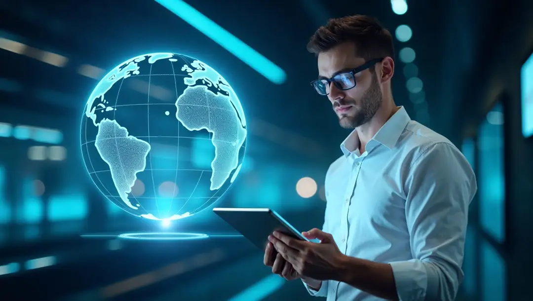 man-using-tablet-next-to-holographic-globe