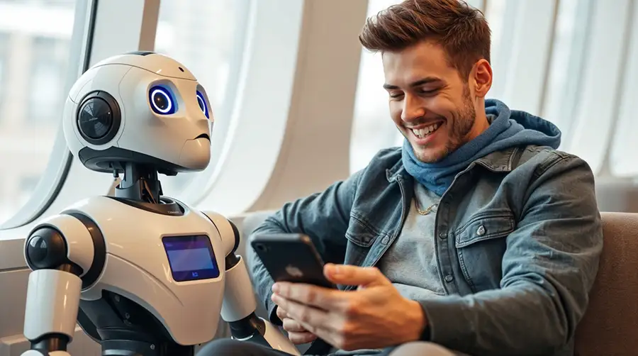 man-with-humanoid-using-smartphone