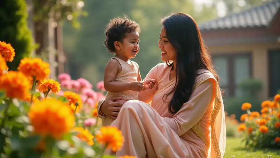 smiling-indian-mother-in-a-peach-saree