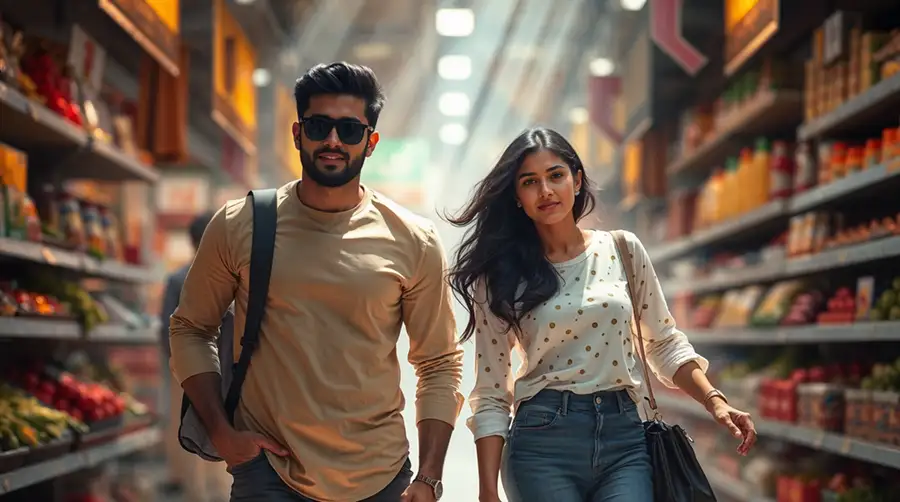 trendy-couple-walking-in-a-grocery-store