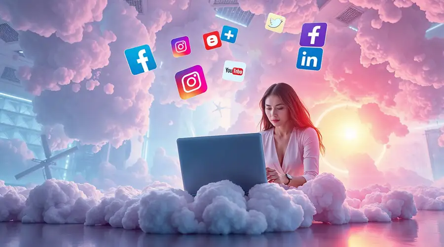 woman-using-laptop-in-dreamy-cloud-space