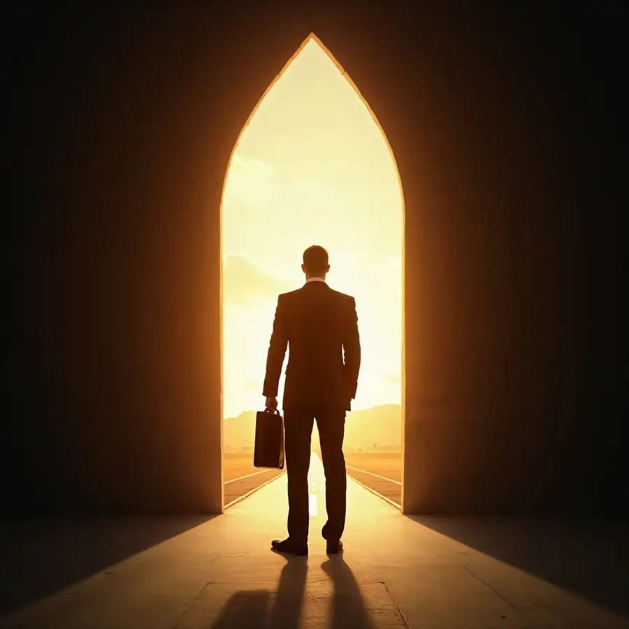 businessman-at-a-glowing-arched-doorway