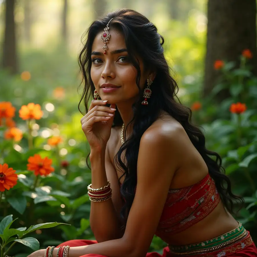 indian-woman-sitting-in-a-blooming-garden