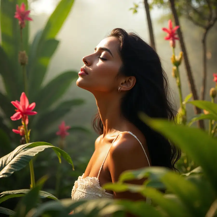 woman-in-a-tropical-garden-with-eyes-closed