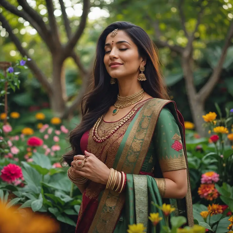 woman-in-green-and-maroon-silk-saree