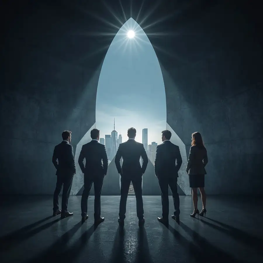 business-team-facing-a-rocket-shaped-opening