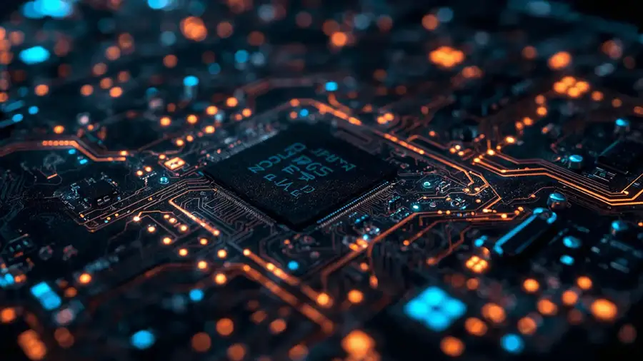 close-up-of-a-glowing-microchip-on-circuit
