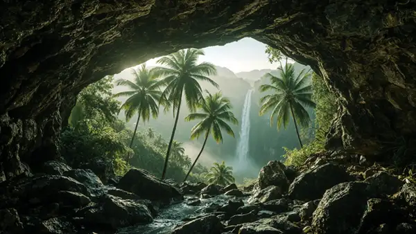 scenic-tropical-waterfall-in-cave