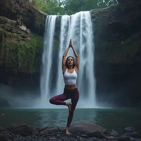 woman-doing-yoga-near-waterfall