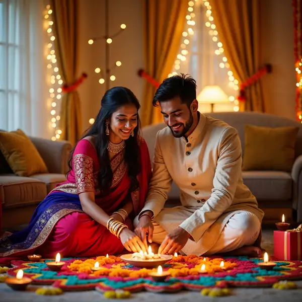 happy-indian-couple-lighting-diyas