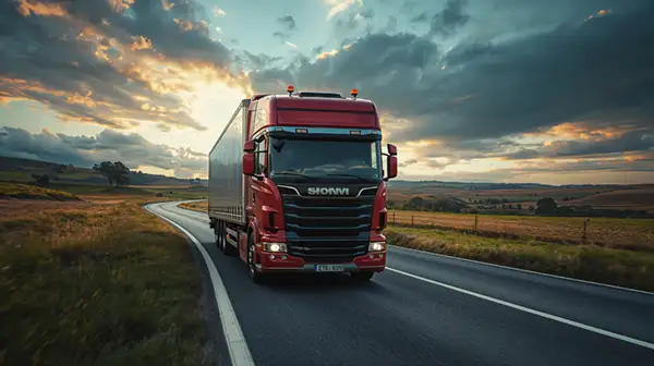 red-truck-on-highway-at-sunset
