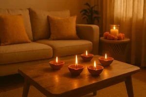 Warm festive scene with diyas and marigold accents, clean background