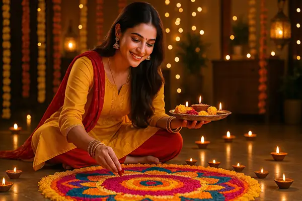 woman-decorating-rangoli-with-diyas