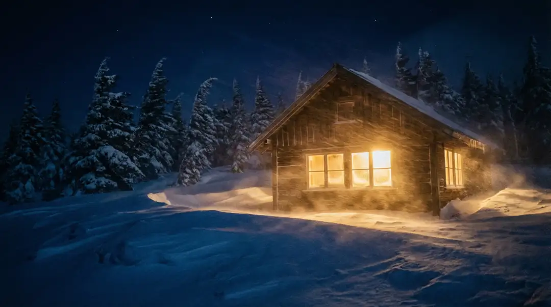 Cabin in Snowstorm (warm vs cold contrast)